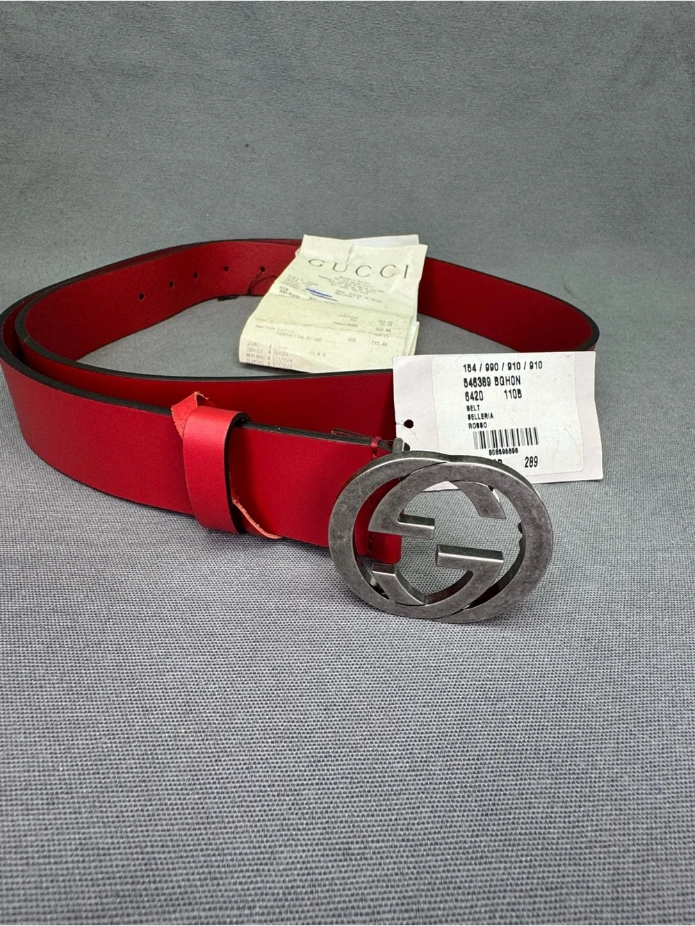 Authentic Men's Gucci Red Selleria Interlocking G Leather Buckle Belt 546389